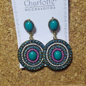 Round Turquois With Pink Jewel Dangle Earring